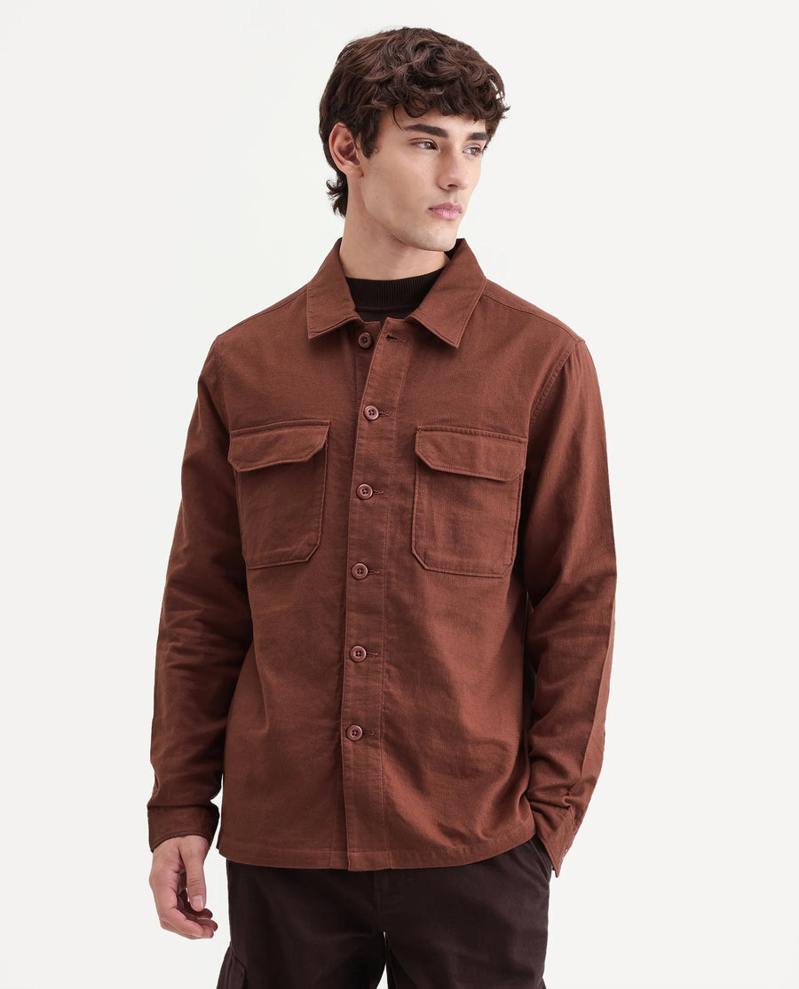 Rare Rabbit Men's Prest-Aw26 Rust Cotton Spread Collar Button Relaxed Plain Shacket