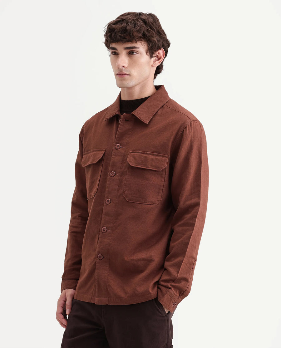 Rare Rabbit Men's Prest-Aw26 Rust Cotton Spread Collar Button Relaxed Plain Shacket