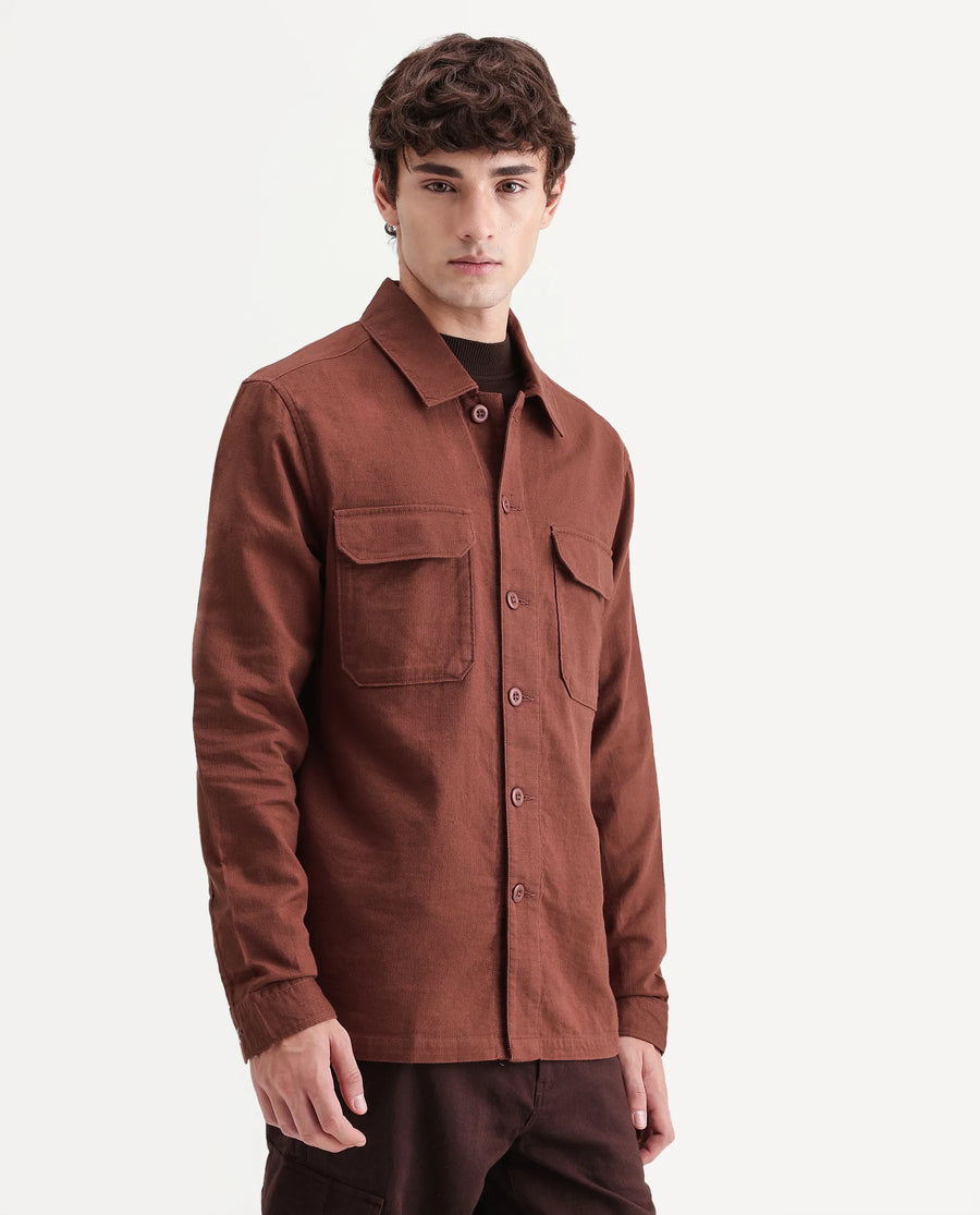 Rare Rabbit Men's Prest-Aw26 Rust Cotton Spread Collar Button Relaxed Plain Shacket
