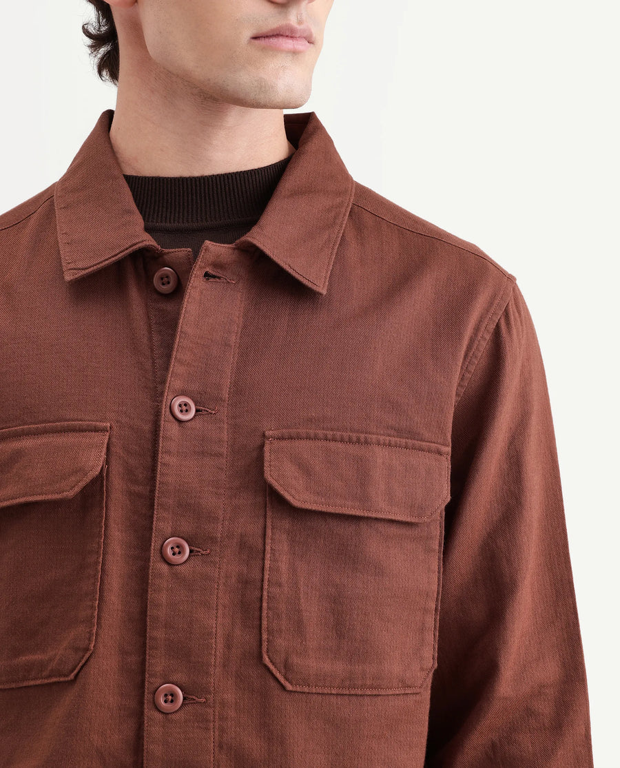 Rare Rabbit Men's Prest-Aw26 Rust Cotton Spread Collar Button Relaxed Plain Shacket
