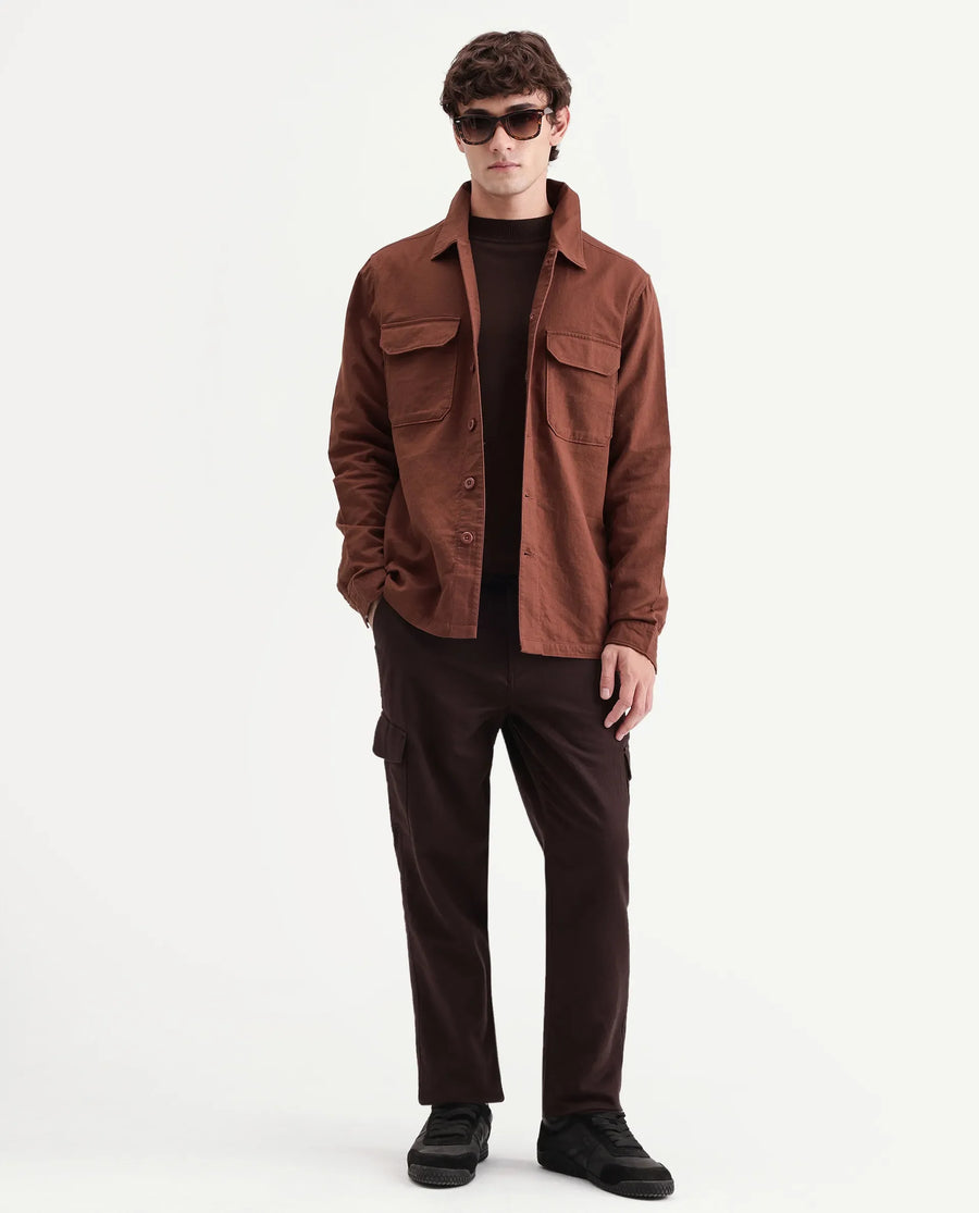 Rare Rabbit Men's Prest-Aw26 Rust Cotton Spread Collar Button Relaxed Plain Shacket