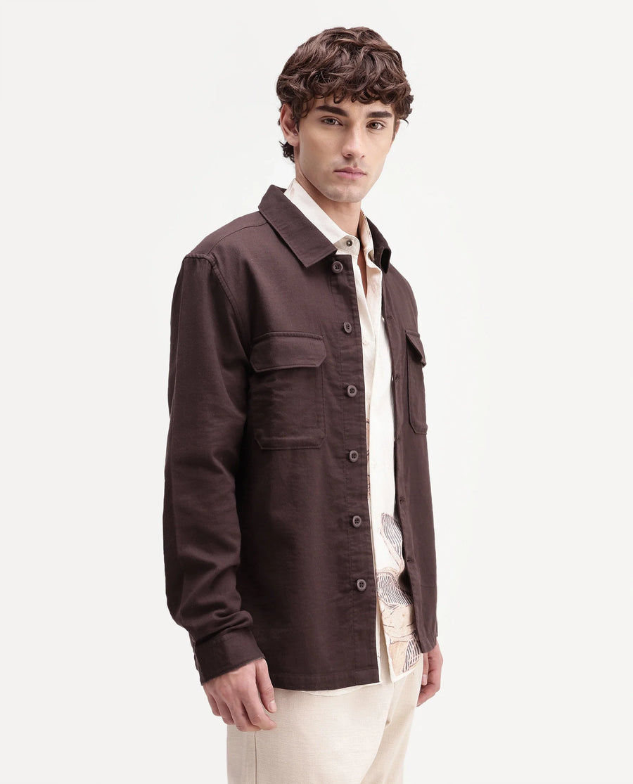 Rare Rabbit Men's Prest-Aw26 Brown Cotton Spread Collar Button Relaxed Plain Shacket