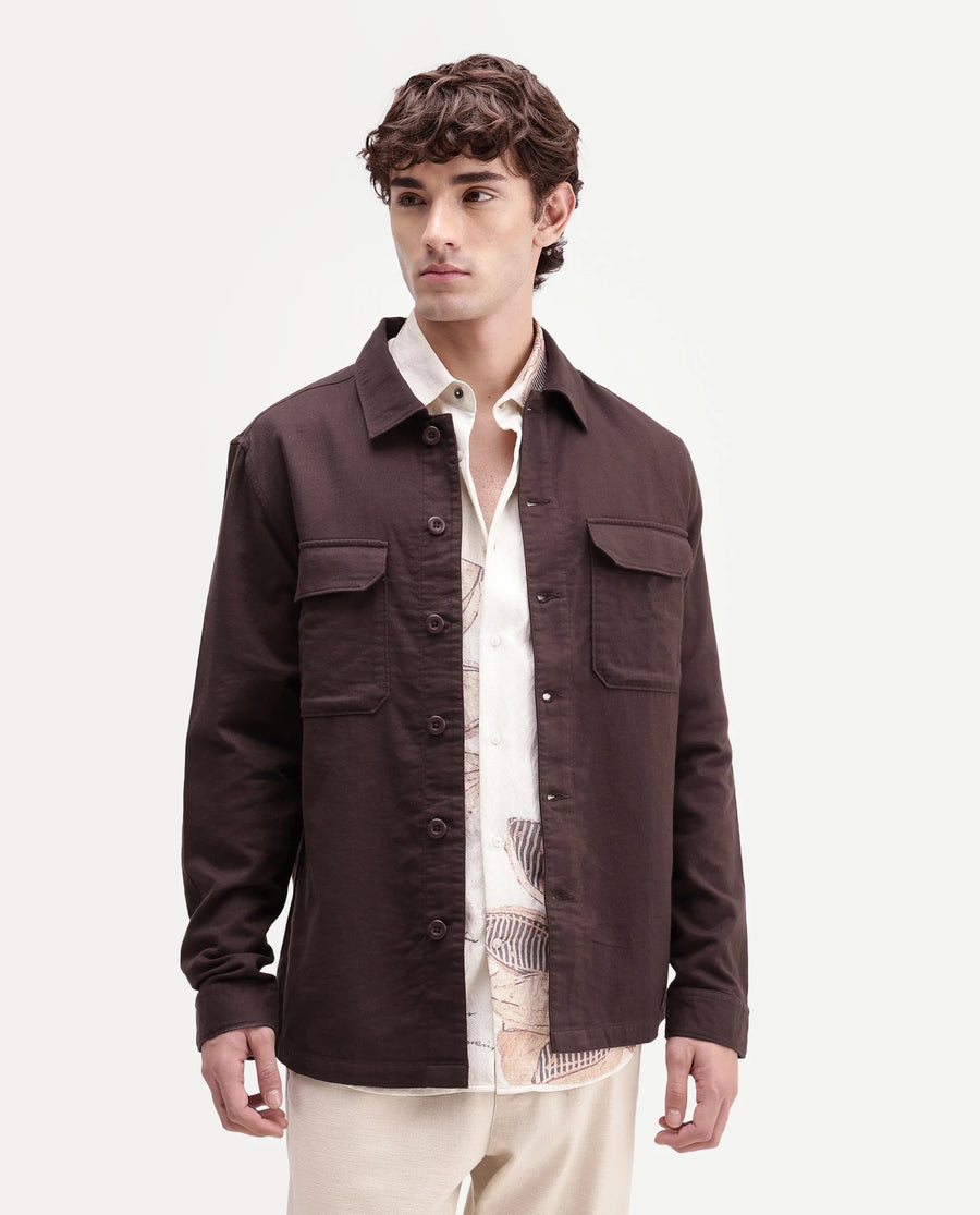 Rare Rabbit Men's Prest-Aw26 Brown Cotton Spread Collar Button Relaxed Plain Shacket