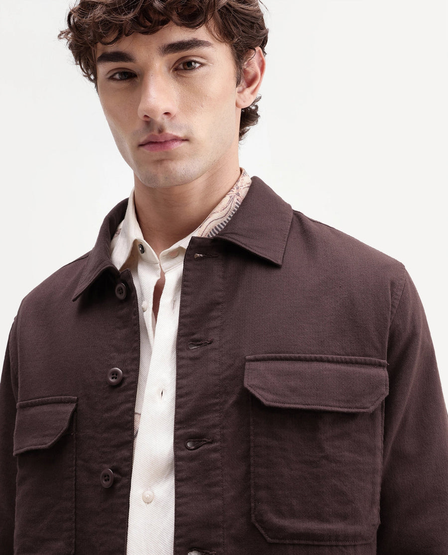 Rare Rabbit Men's Prest-Aw26 Brown Cotton Spread Collar Button Relaxed Plain Shacket