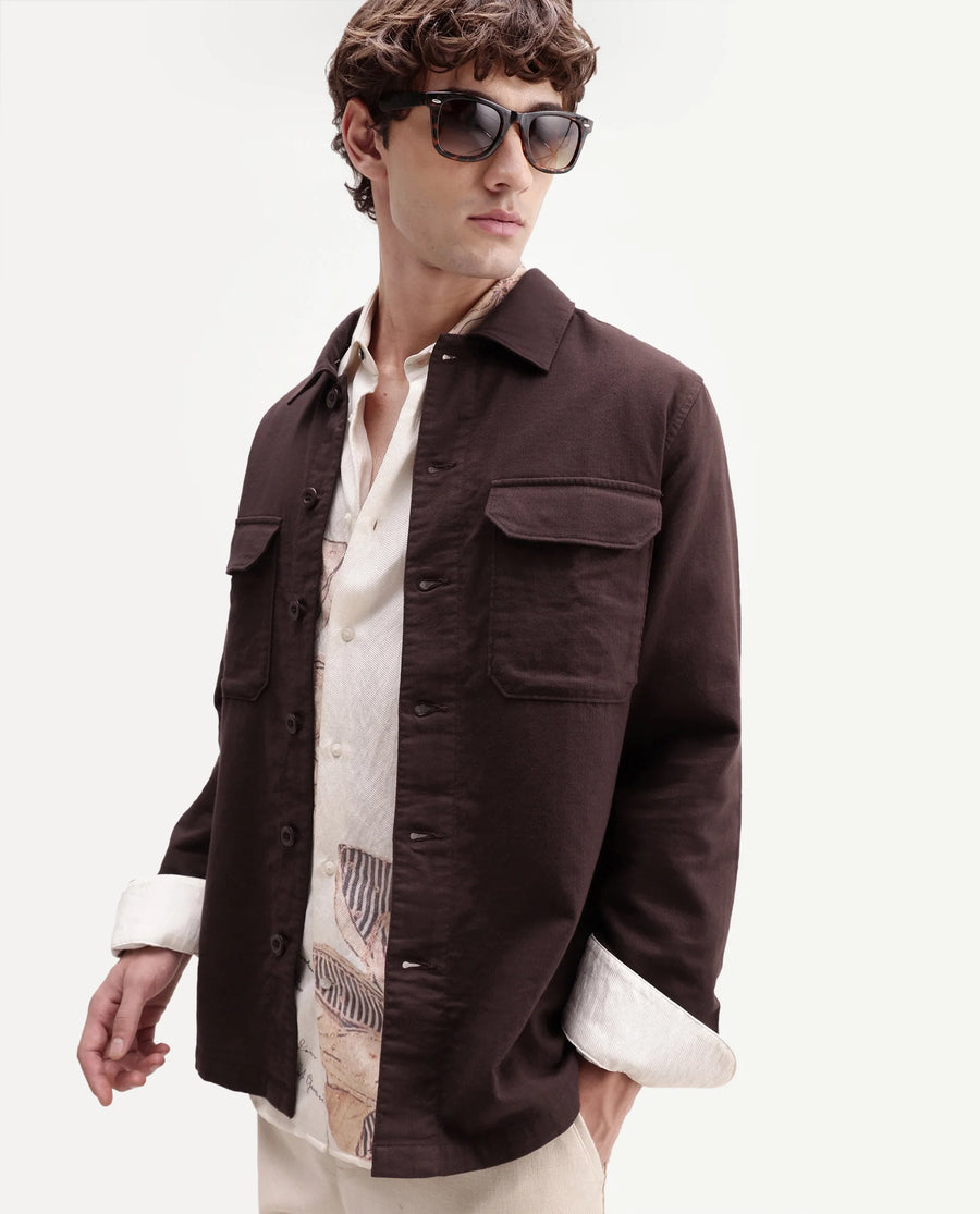Rare Rabbit Men's Prest-Aw26 Brown Cotton Spread Collar Button Relaxed Plain Shacket