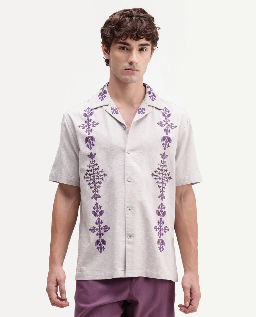 Rare Rabbit Men's Vrab Light Grey Cotton Blend Cuban Collar Button Relaxed Embroidered Shirt