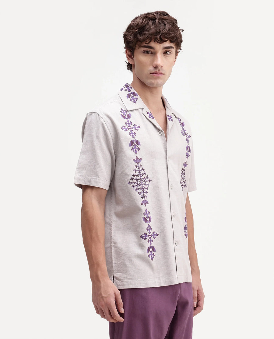 Rare Rabbit Men's Vrab Light Grey Cotton Blend Cuban Collar Button Relaxed Embroidered Shirt