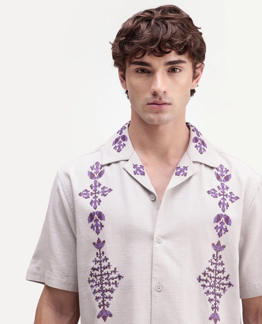 Rare Rabbit Men's Vrab Light Grey Cotton Blend Cuban Collar Button Relaxed Embroidered Shirt
