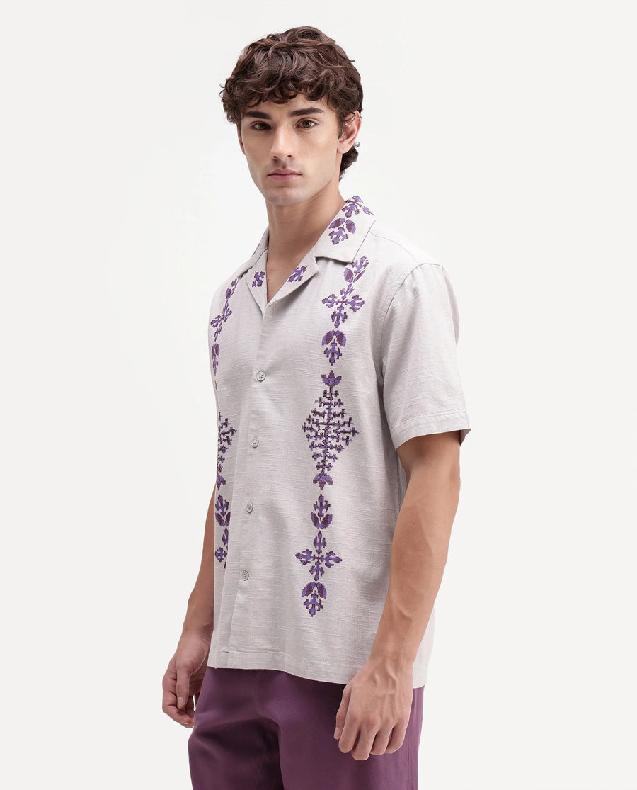 Rare Rabbit Men's Vrab Light Grey Cotton Blend Cuban Collar Button Relaxed Embroidered Shirt