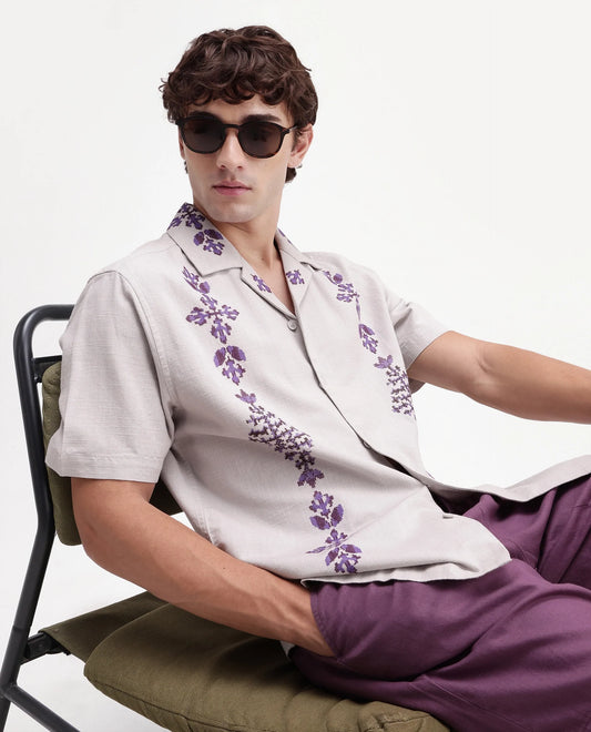 Rare Rabbit Men's Vrab Light Grey Cotton Blend Cuban Collar Button Relaxed Embroidered Shirt