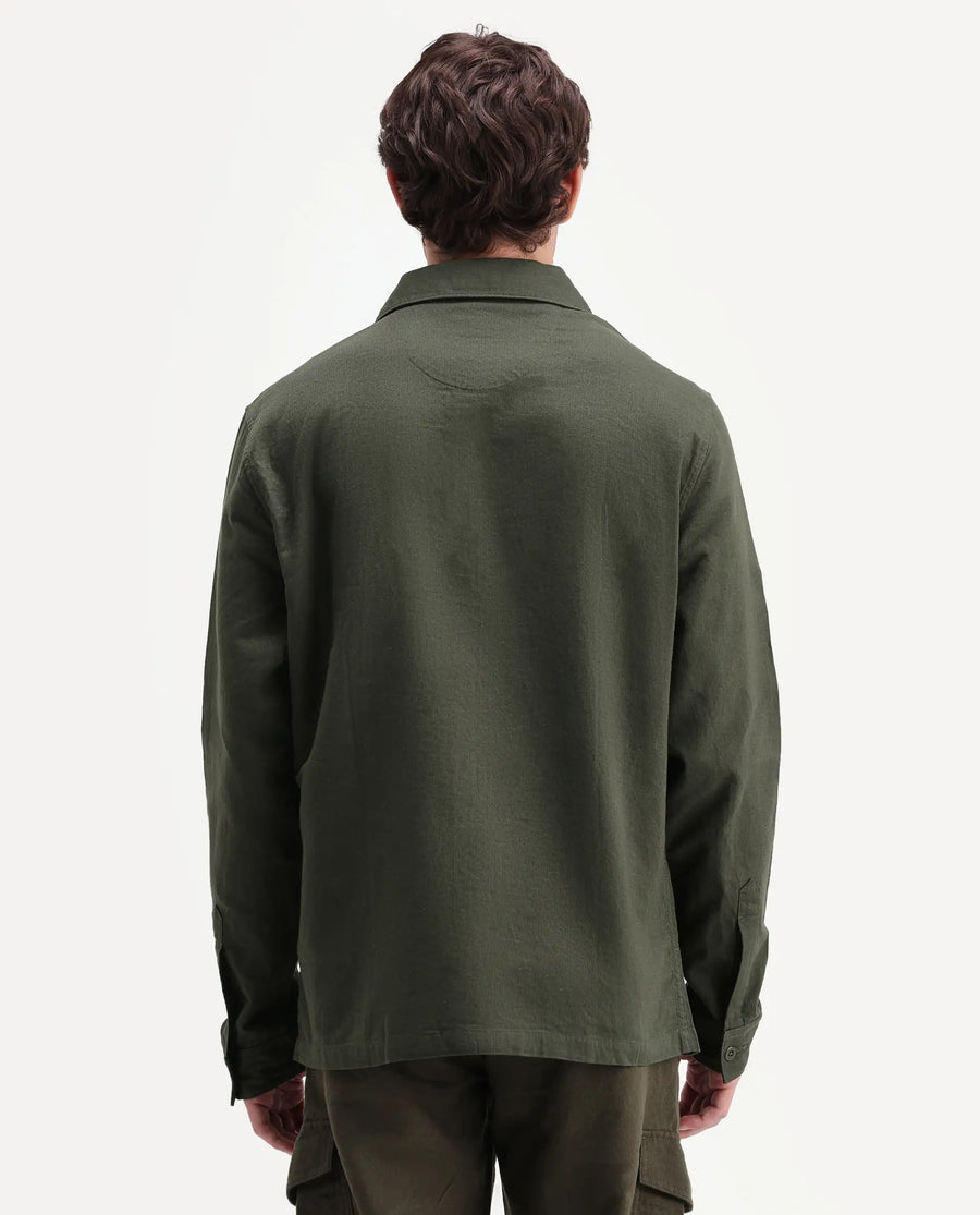 Rare Rabbit Men's Prest-Aw26 Olive Cotton Spread Collar Button Relaxed Plain Shacket