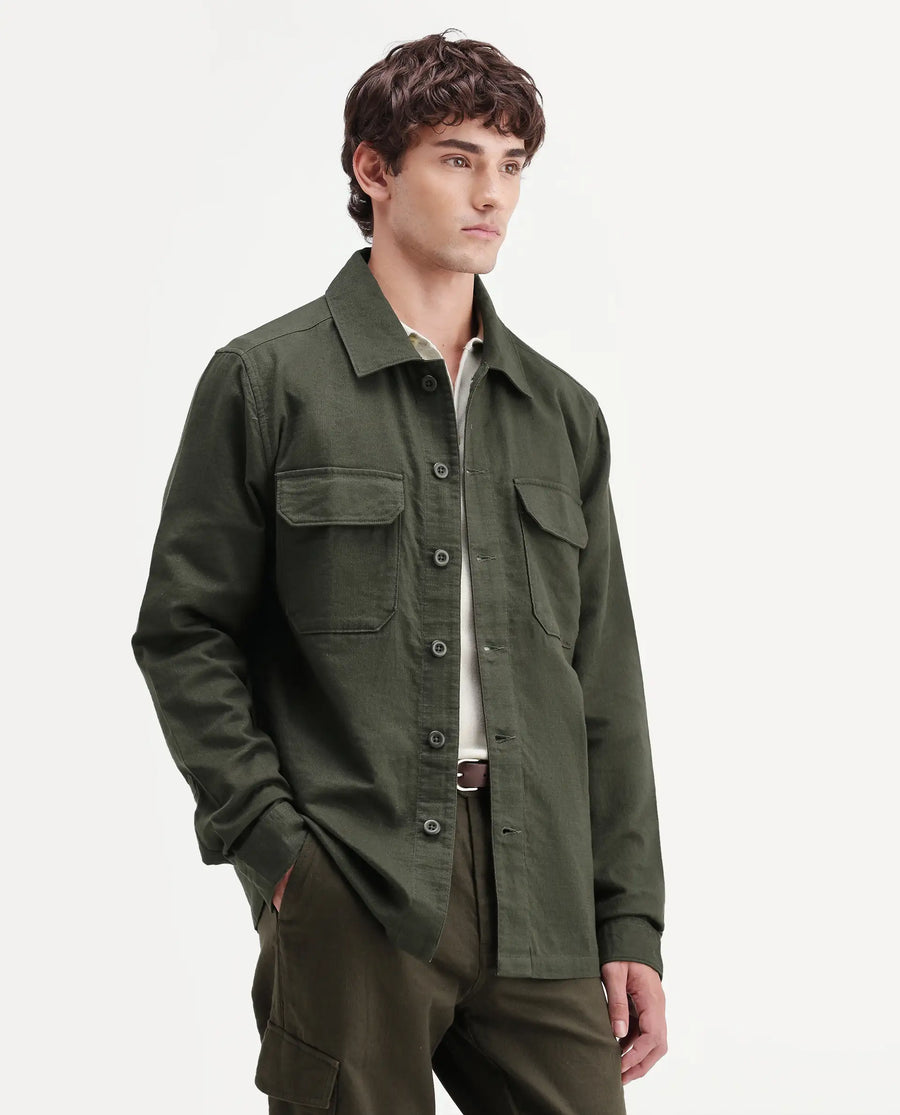 Rare Rabbit Men's Prest-Aw26 Olive Cotton Spread Collar Button Relaxed Plain Shacket