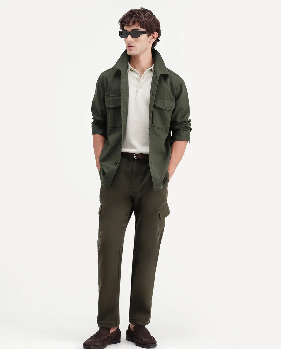 Rare Rabbit Men's Prest-Aw26 Olive Cotton Spread Collar Button Relaxed Plain Shacket