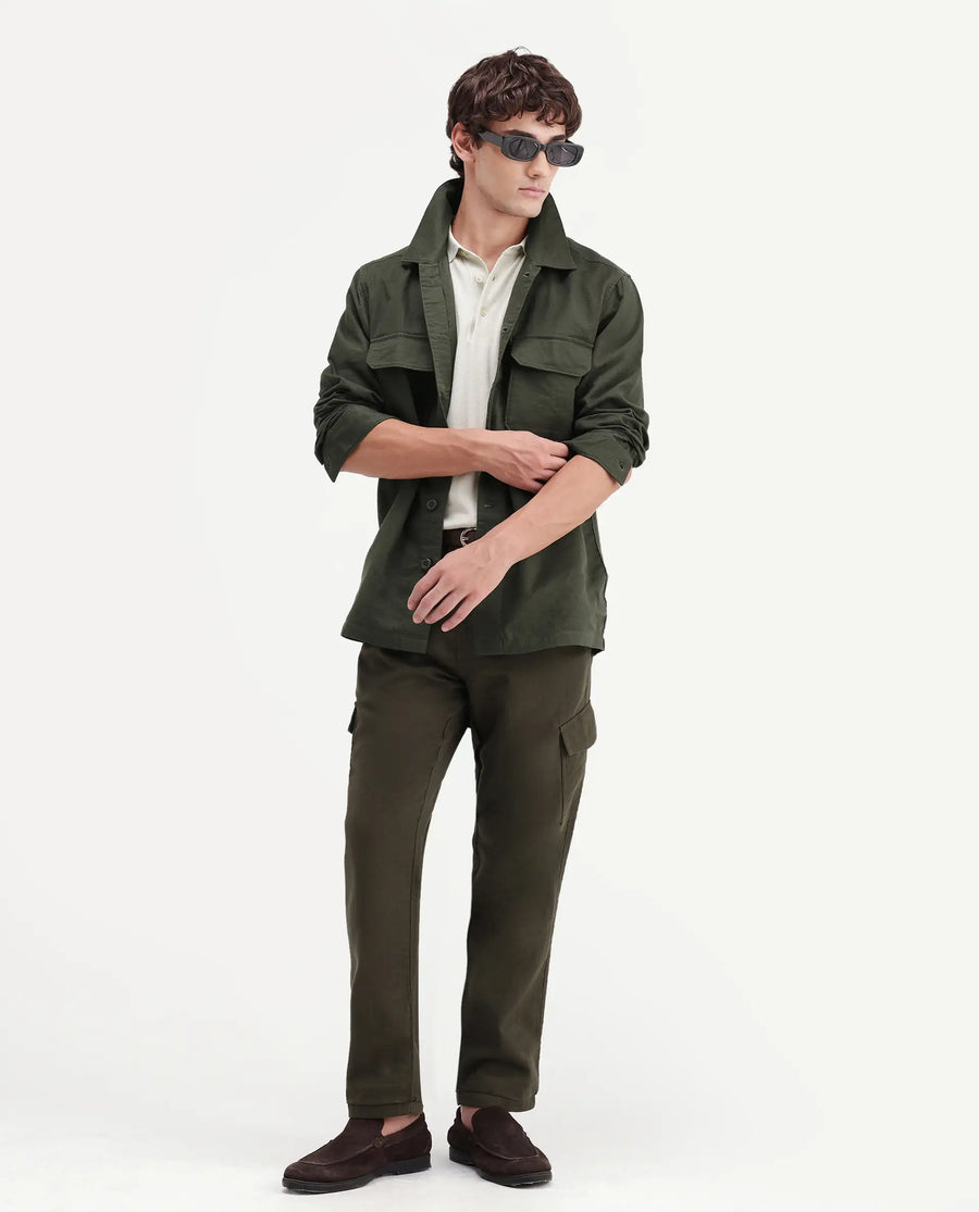 Rare Rabbit Men's Prest-Aw26 Olive Cotton Spread Collar Button Relaxed Plain Shacket