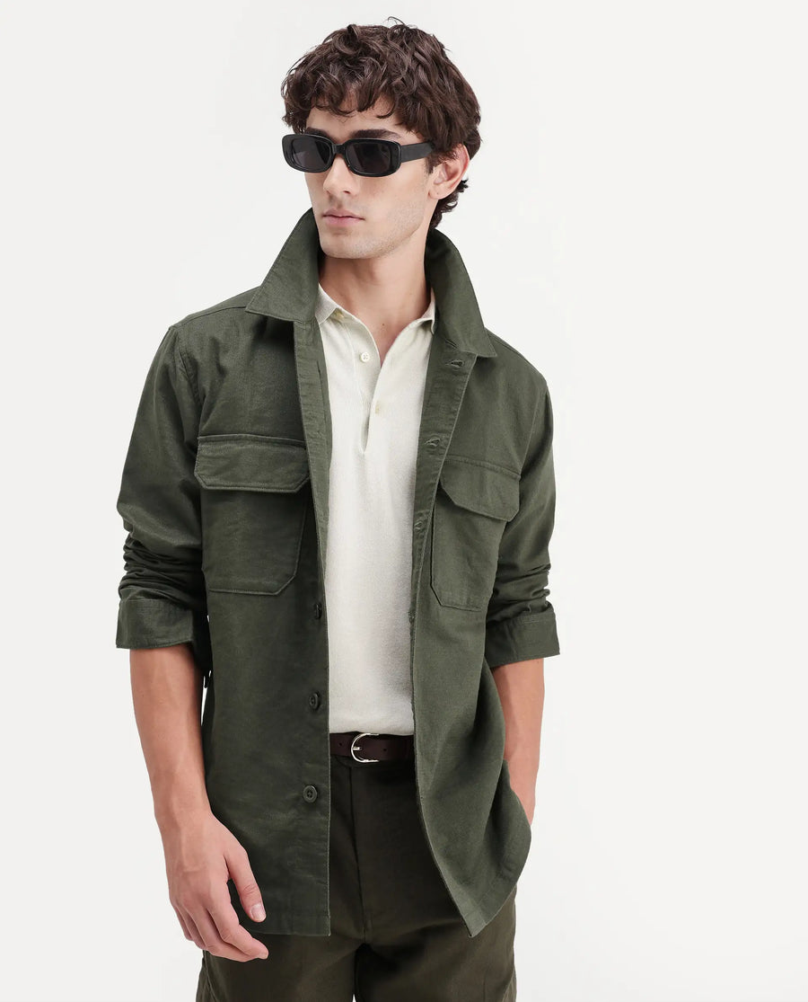 Rare Rabbit Men's Prest-Aw26 Olive Cotton Spread Collar Button Relaxed Plain Shacket
