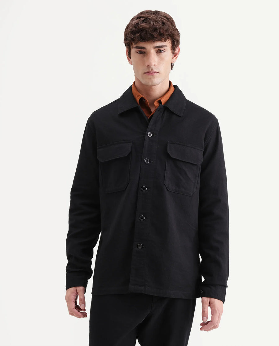 Rare Rabbit Men's Prest-Aw26 Black Cotton Spread Collar Button Relaxed Plain Shacket