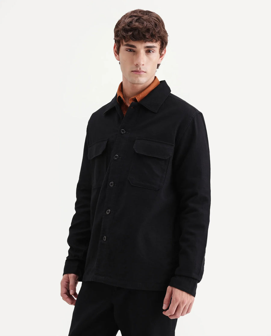 Rare Rabbit Men's Prest-Aw26 Black Cotton Spread Collar Button Relaxed Plain Shacket