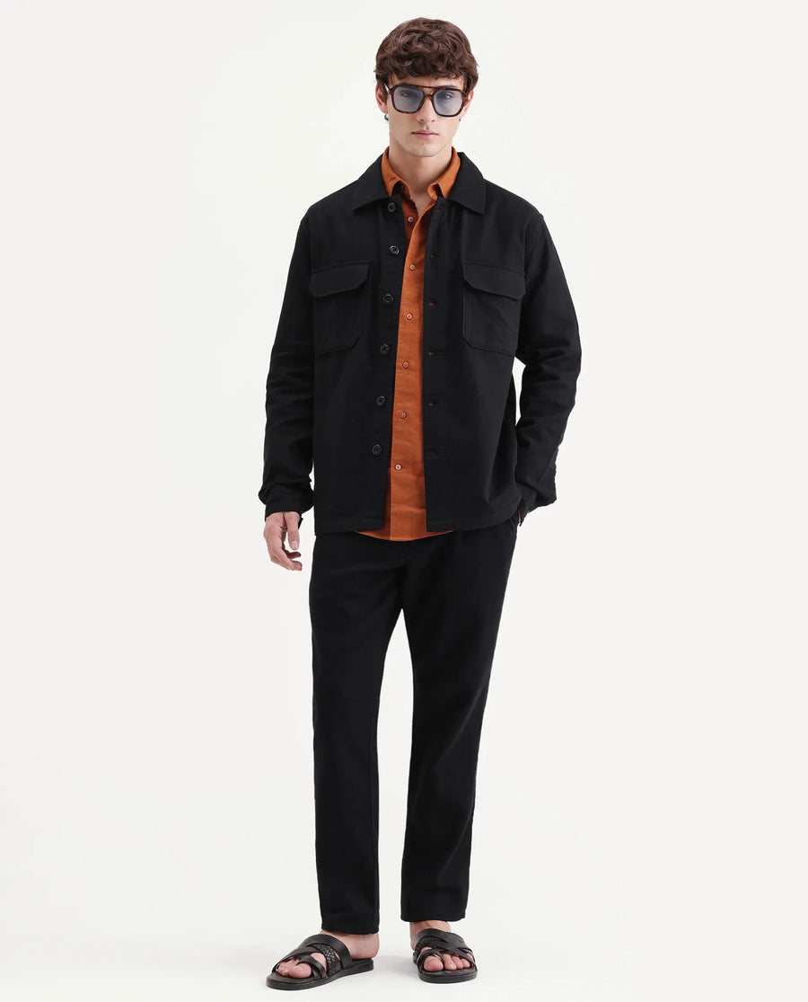 Rare Rabbit Men's Prest-Aw26 Black Cotton Spread Collar Button Relaxed Plain Shacket
