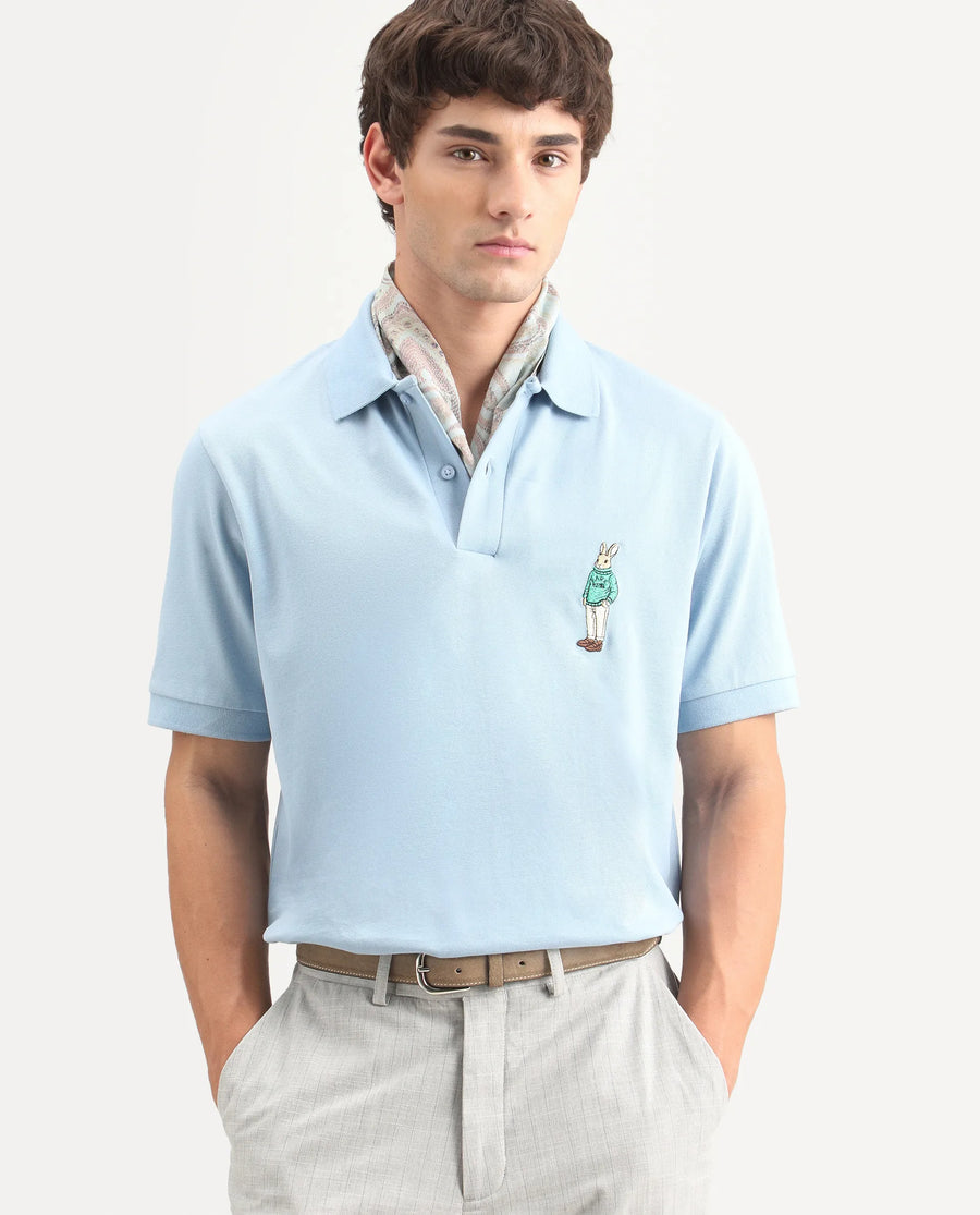 Rare Rabbit Men's Mascos Light Blue Cotton Blend Spread Collar Regular Fit Embroidered Polo