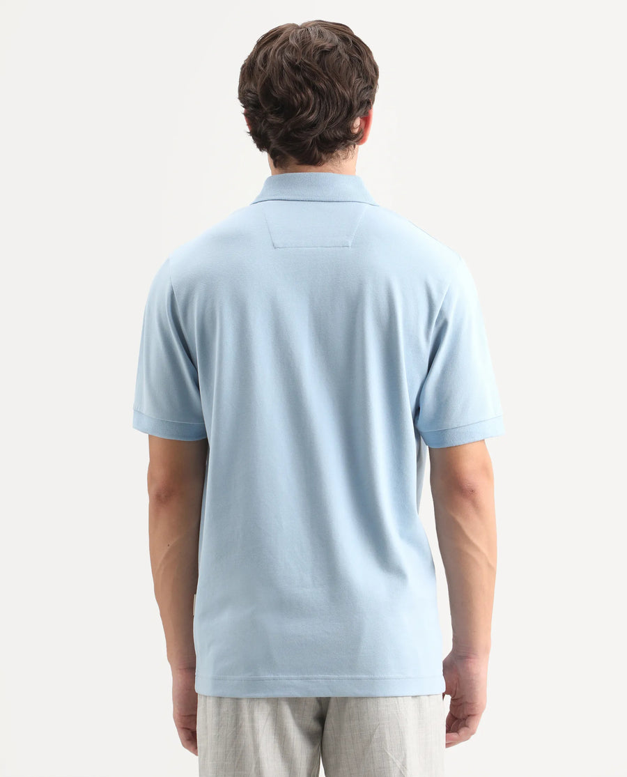 Rare Rabbit Men's Mascos Light Blue Cotton Blend Spread Collar Regular Fit Embroidered Polo