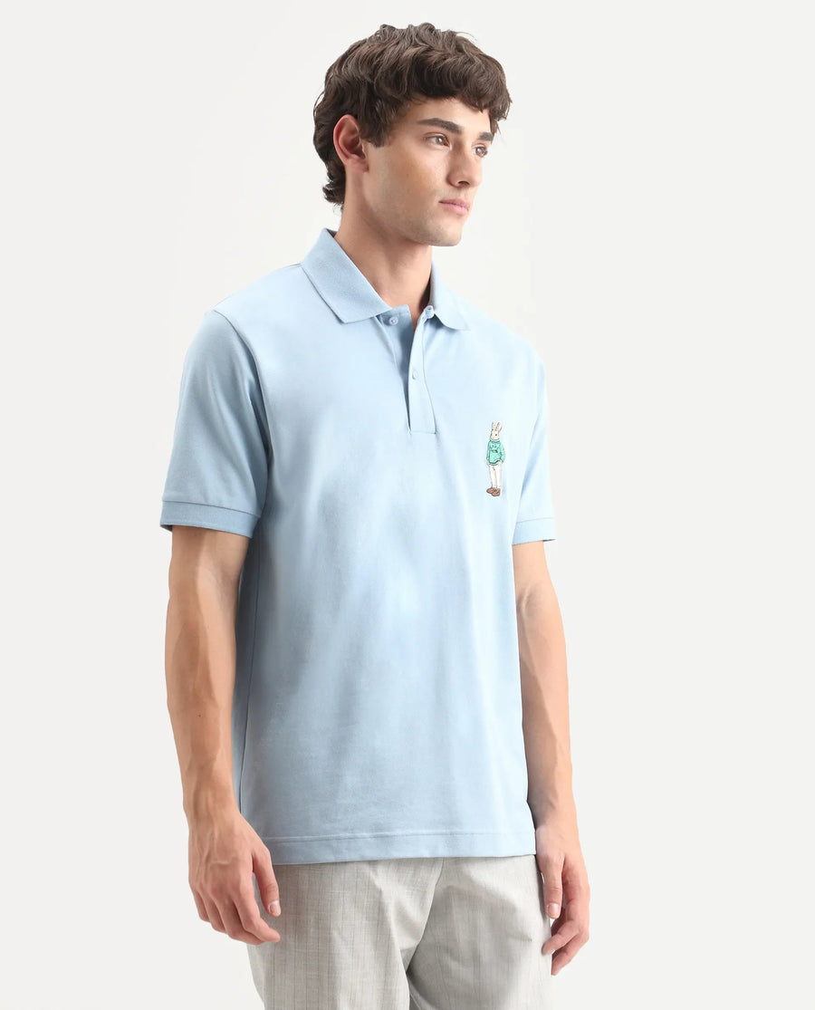 Rare Rabbit Men's Mascos Light Blue Cotton Blend Spread Collar Regular Fit Embroidered Polo