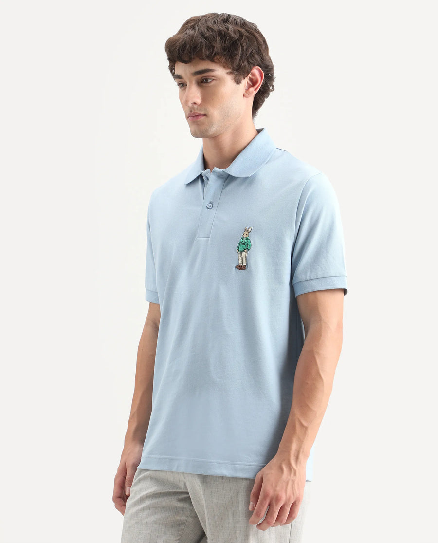 Rare Rabbit Men's Mascos Light Blue Cotton Blend Spread Collar Regular Fit Embroidered Polo