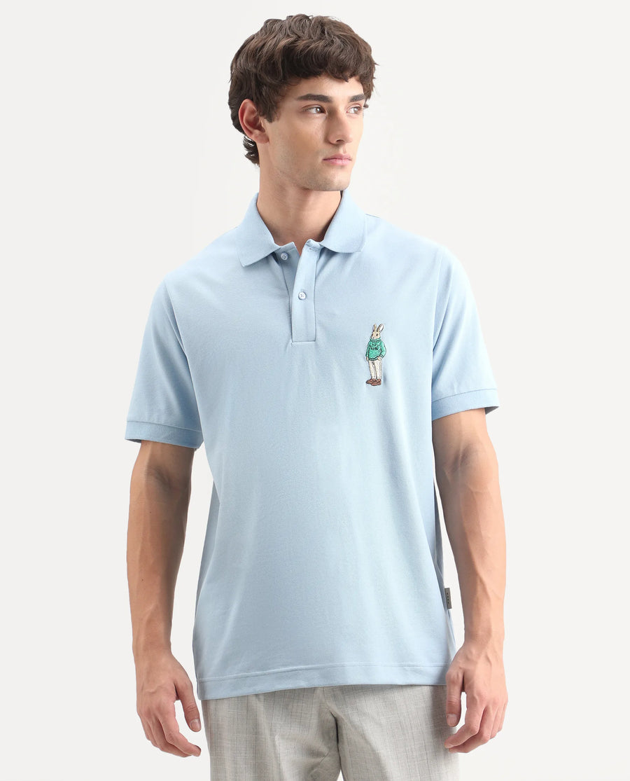 Rare Rabbit Men's Mascos Light Blue Cotton Blend Spread Collar Regular Fit Embroidered Polo