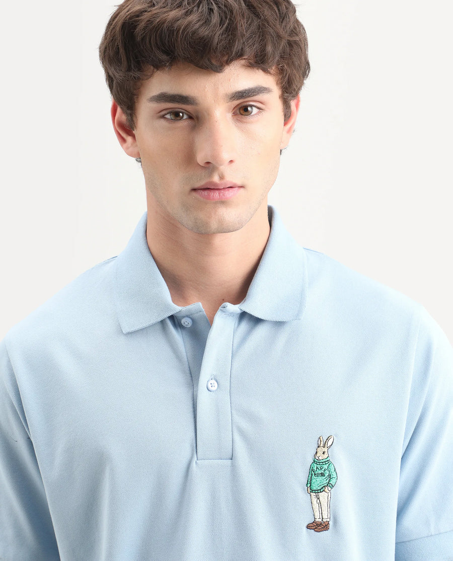 Rare Rabbit Men's Mascos Light Blue Cotton Blend Spread Collar Regular Fit Embroidered Polo