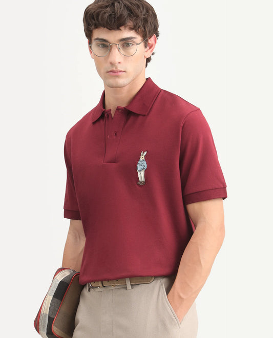Rare Rabbit Men's Mascos Red Cotton Blend Spread Collar Regular Fit Embroidered Polo