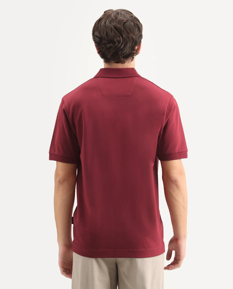Rare Rabbit Men's Mascos Red Cotton Blend Spread Collar Regular Fit Embroidered Polo