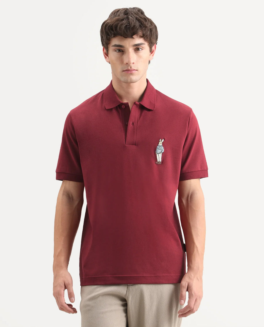 Rare Rabbit Men's Mascos Red Cotton Blend Spread Collar Regular Fit Embroidered Polo