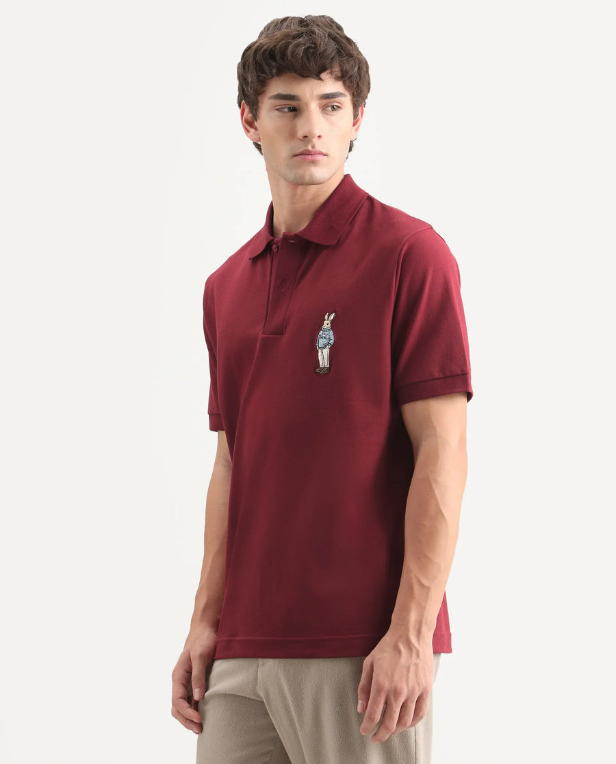 Rare Rabbit Men's Mascos Red Cotton Blend Spread Collar Regular Fit Embroidered Polo