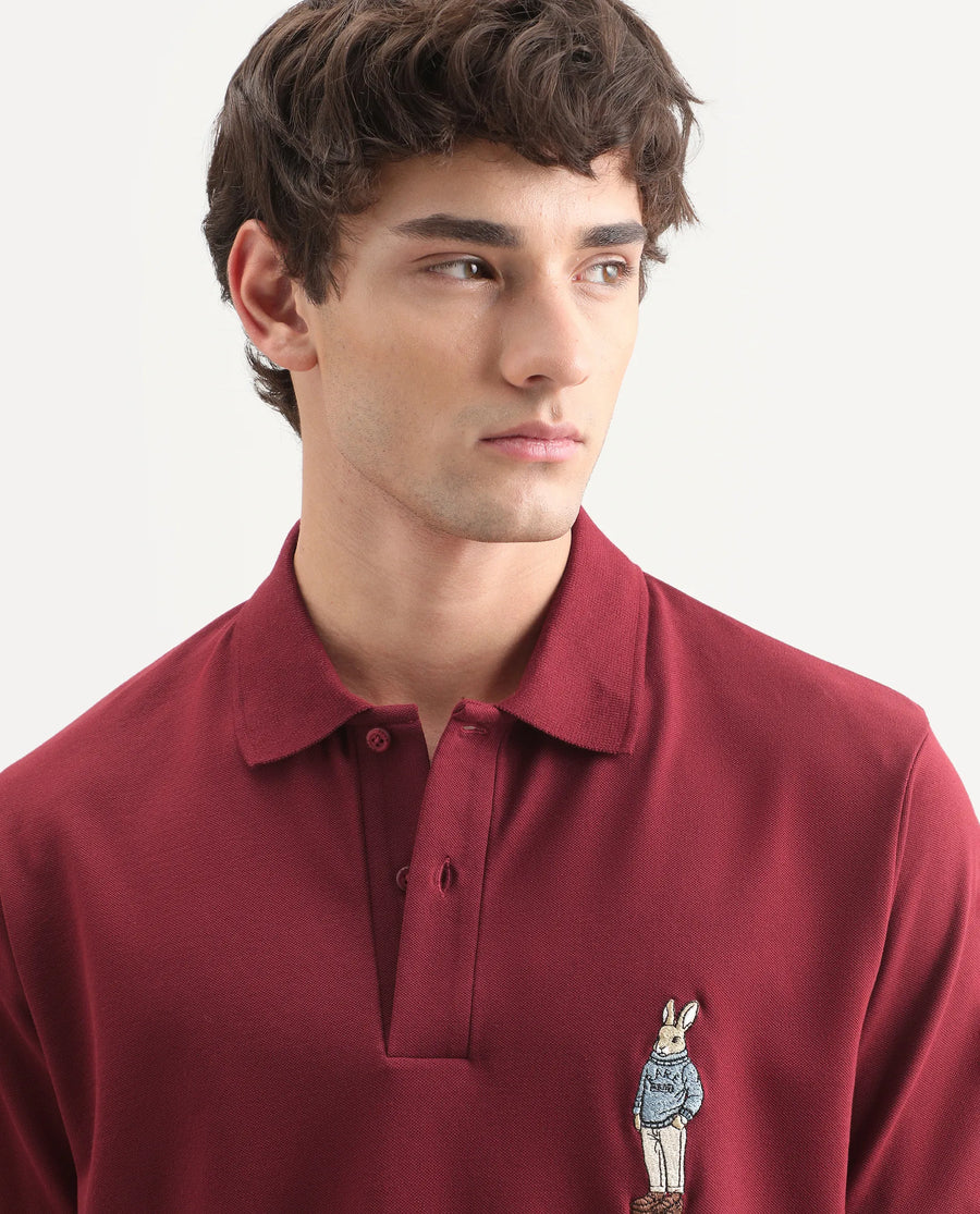 Rare Rabbit Men's Mascos Red Cotton Blend Spread Collar Regular Fit Embroidered Polo