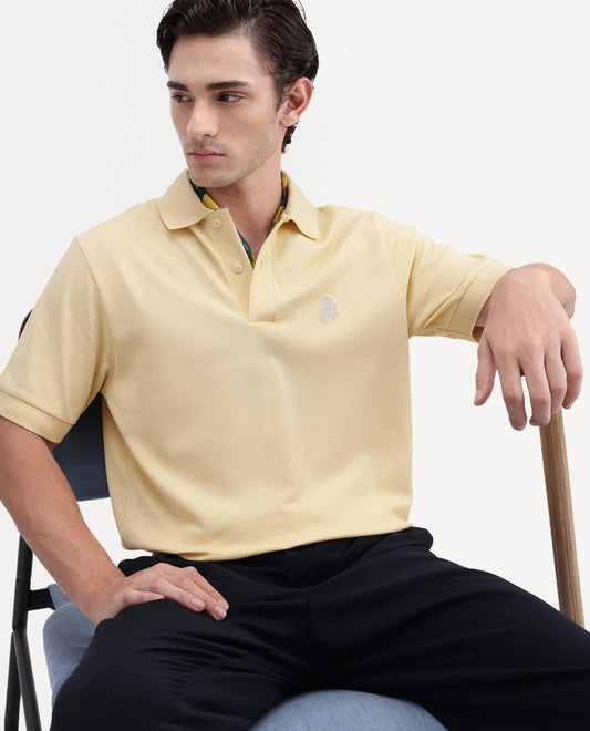 Rare Rabbit Men's Walp Light Yellow Cotton Blend Spread Collar Regular Plain Polo
