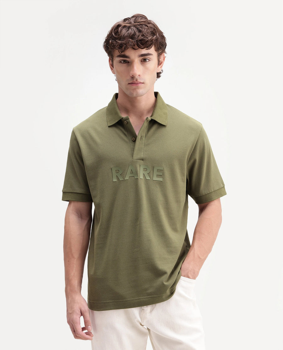 Rare Rabbit Men's Gael Olive Cotton Blend Spread Collar Regular Graphic Print Polo