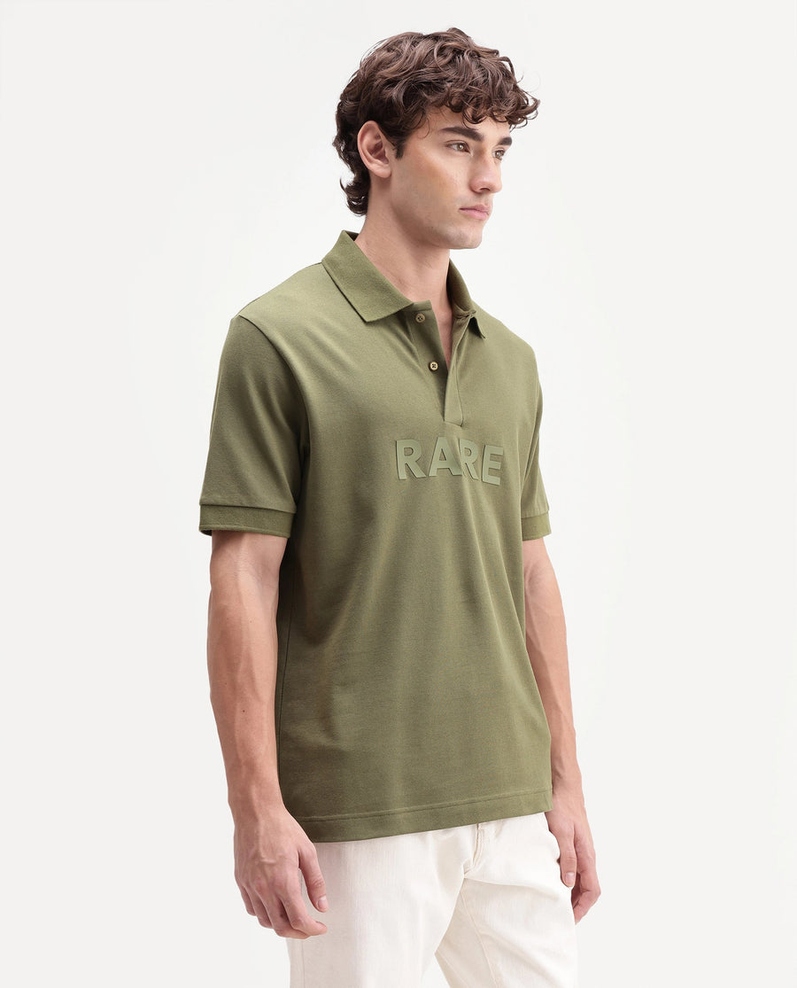 Rare Rabbit Men's Gael Olive Cotton Blend Spread Collar Regular Graphic Print Polo
