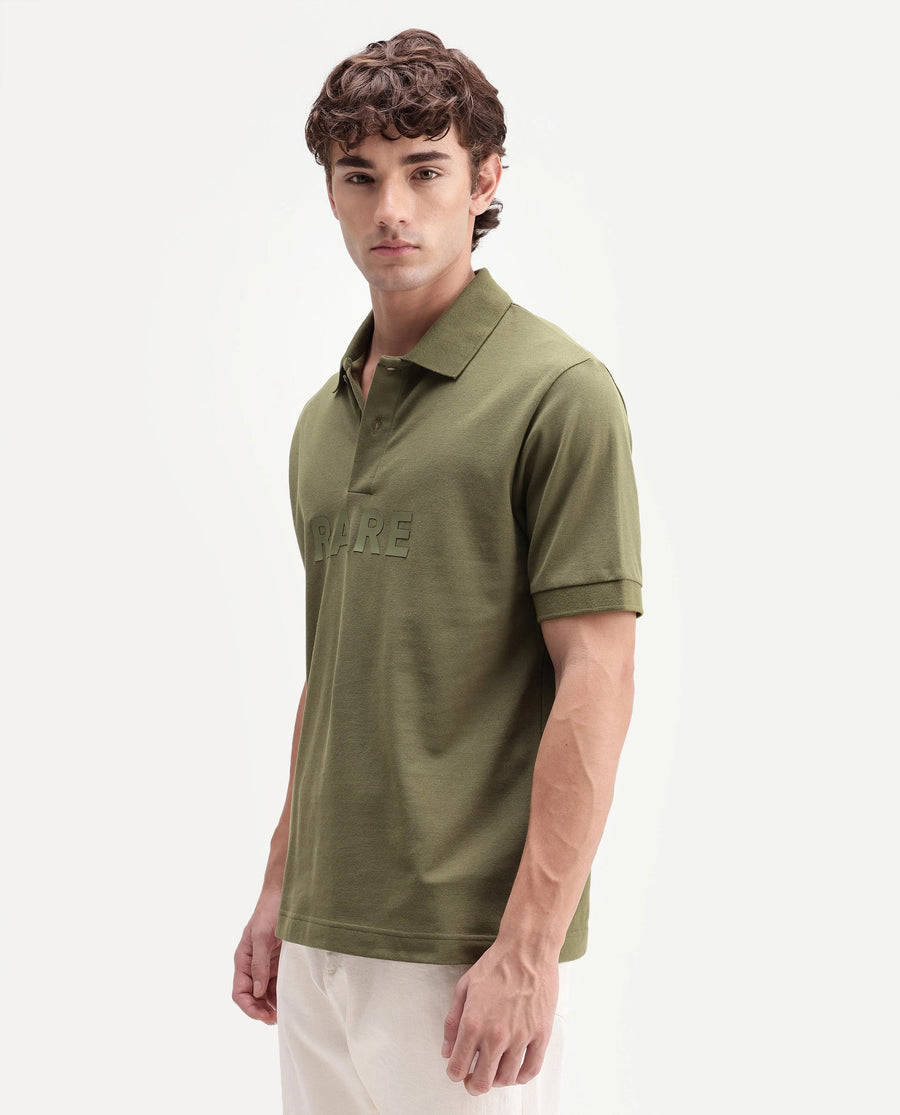 Rare Rabbit Men's Gael Olive Cotton Blend Spread Collar Regular Graphic Print Polo