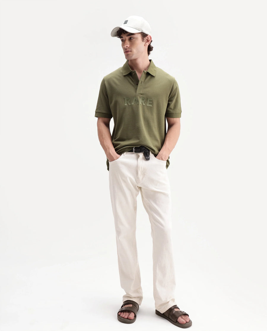 Rare Rabbit Men's Gael Olive Cotton Blend Spread Collar Regular Graphic Print Polo