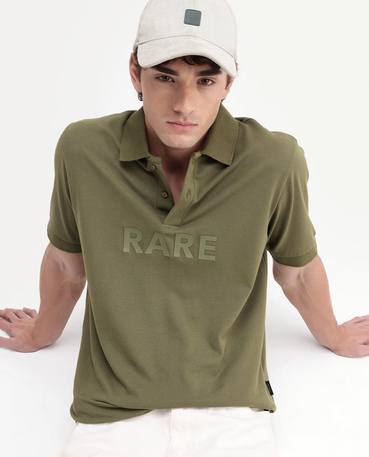 Rare Rabbit Men's Gael Olive Cotton Blend Spread Collar Regular Graphic Print Polo