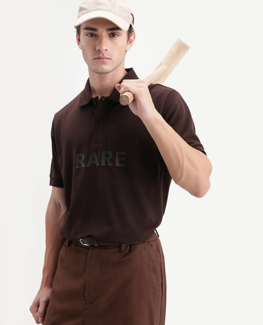 Rare Rabbit Men's Gael Dark Brown Cotton Blend Spread Collar Regular Graphic Print Polo