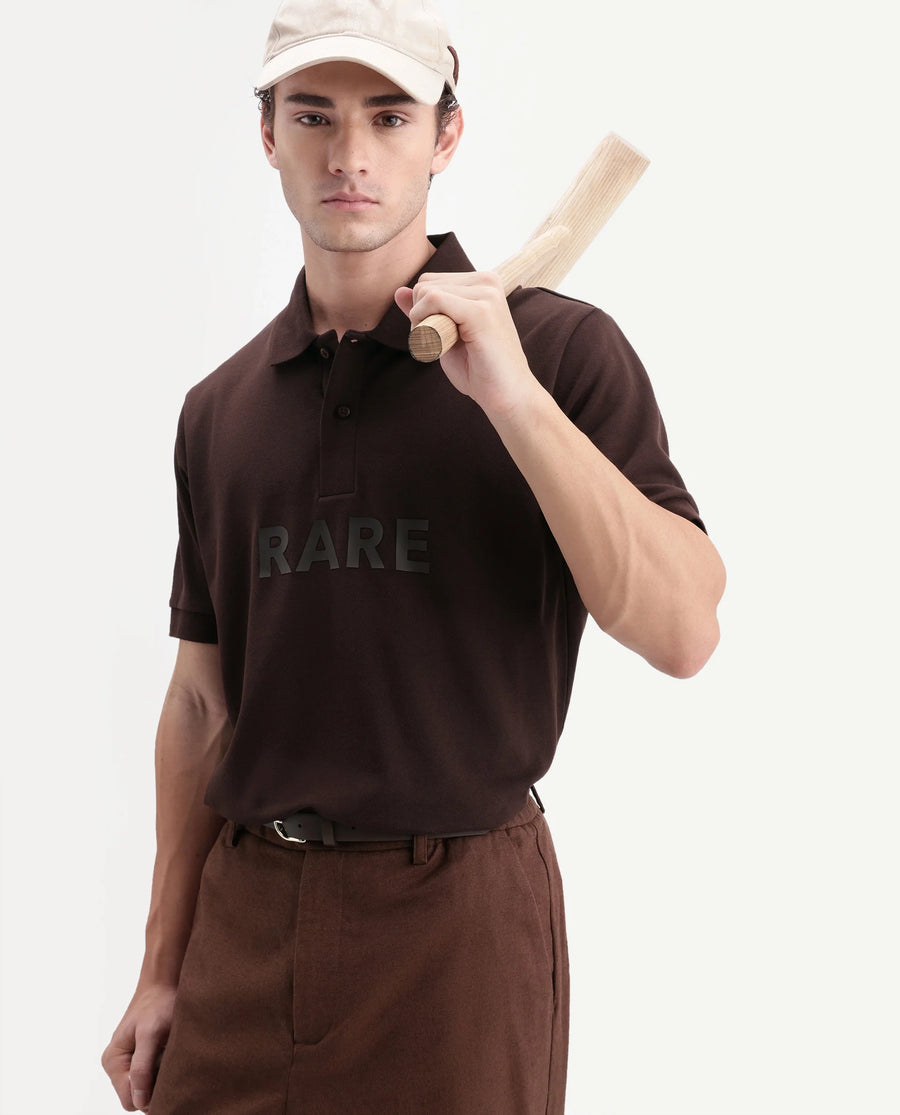 Rare Rabbit Men's Gael Dark Brown Cotton Blend Spread Collar Regular Graphic Print Polo