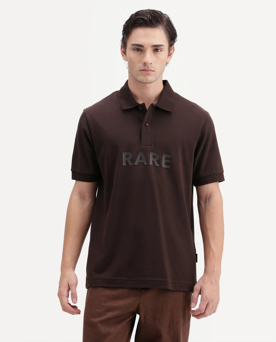 Rare Rabbit Men's Gael Dark Brown Cotton Blend Spread Collar Regular Graphic Print Polo