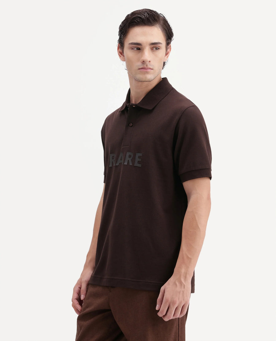 Rare Rabbit Men's Gael Dark Brown Cotton Blend Spread Collar Regular Graphic Print Polo