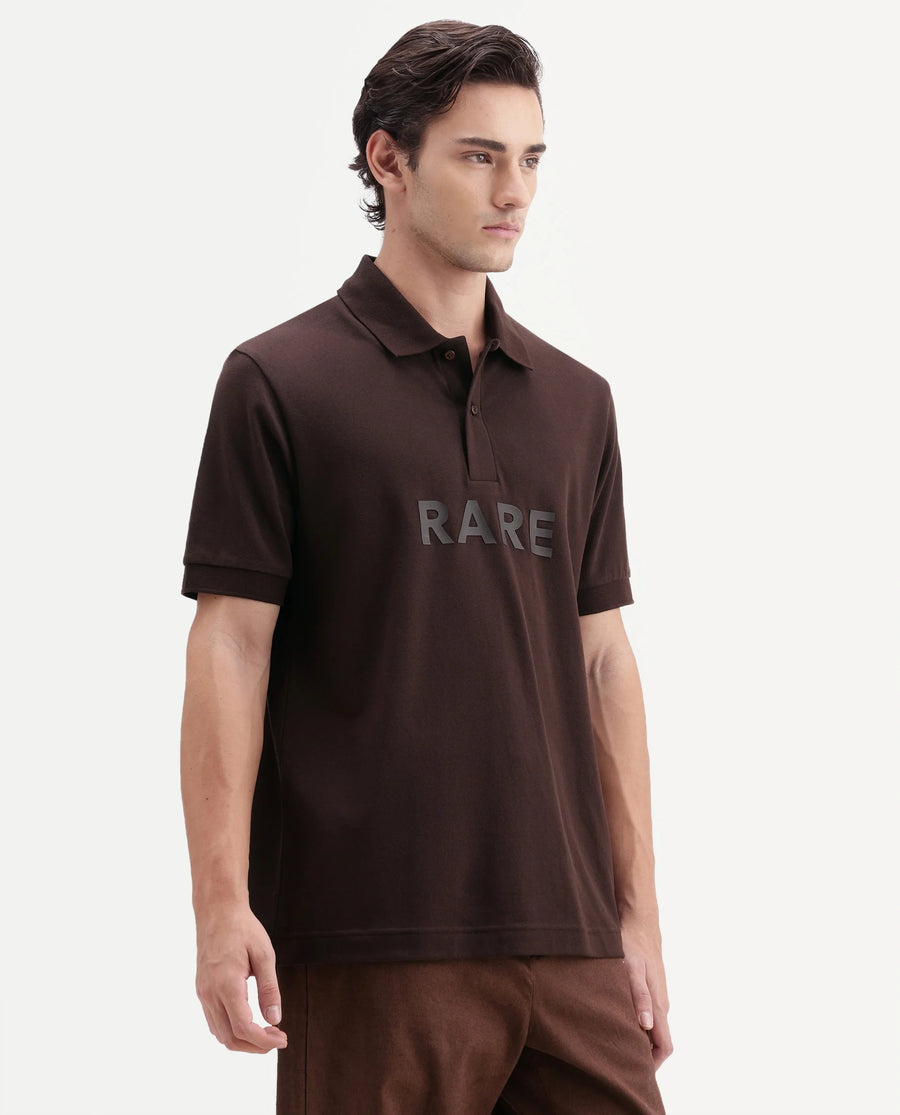 Rare Rabbit Men's Gael Dark Brown Cotton Blend Spread Collar Regular Graphic Print Polo
