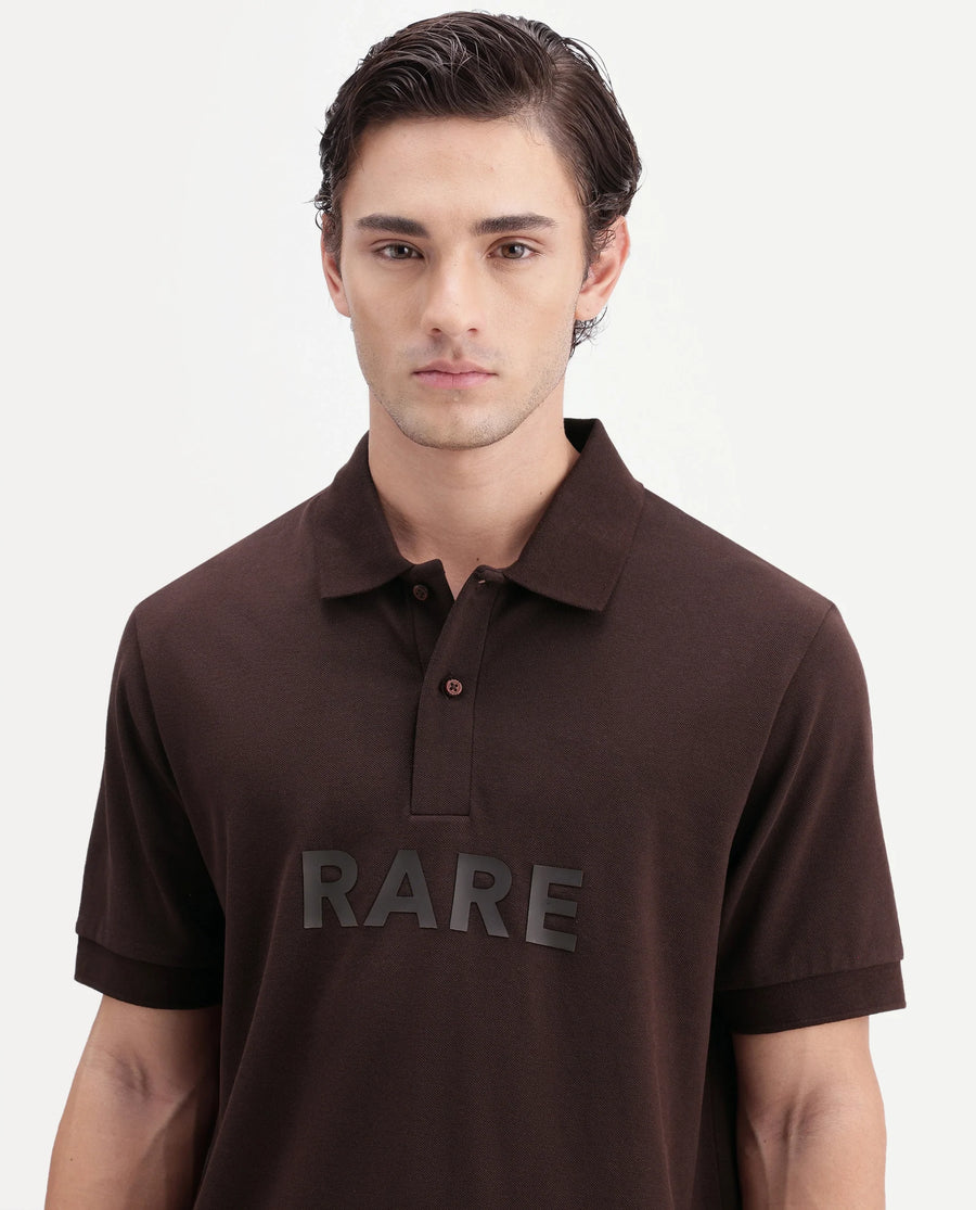 Rare Rabbit Men's Gael Dark Brown Cotton Blend Spread Collar Regular Graphic Print Polo