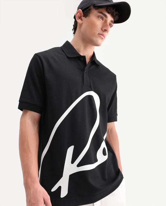 Rare Rabbit Men's Jefra Black Cotton Blend Regular Fit Half Sleeves Graphic Print Polo