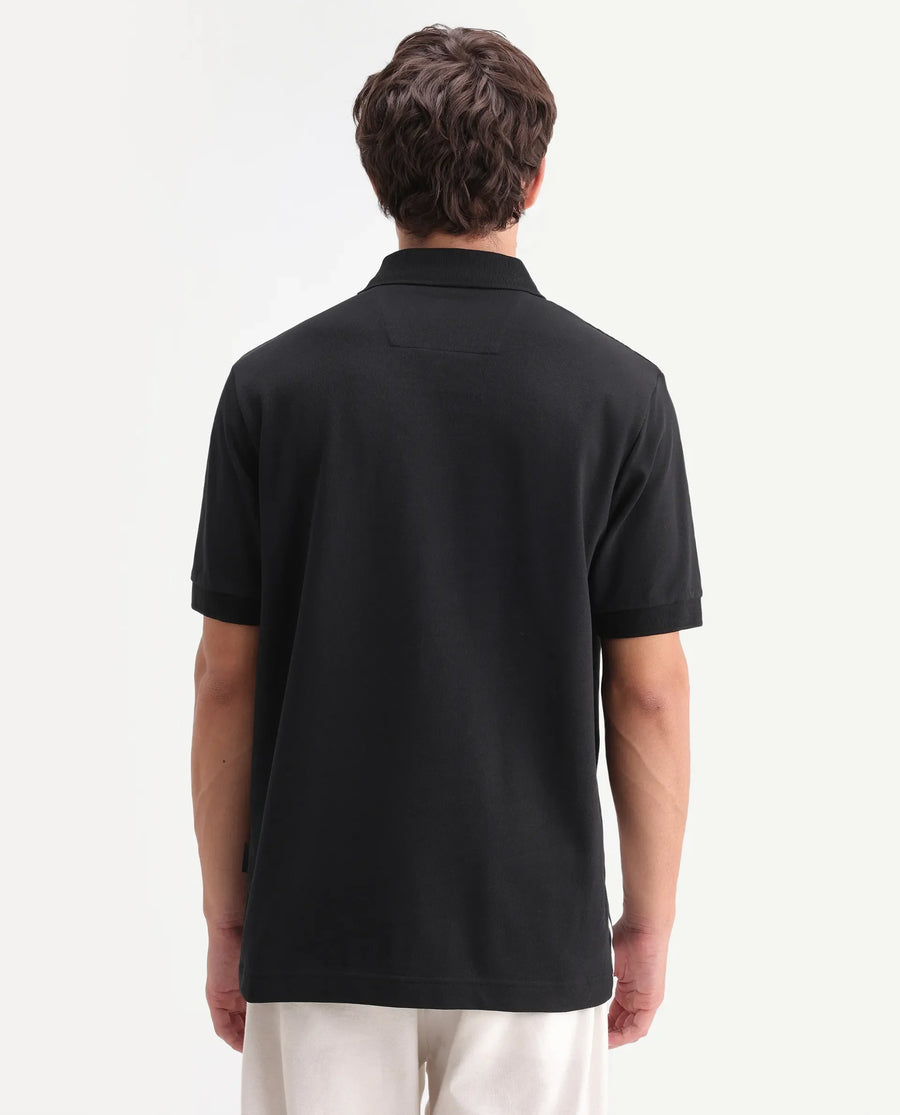 Rare Rabbit Men's Jefra Black Cotton Blend Regular Fit Half Sleeves Graphic Print Polo
