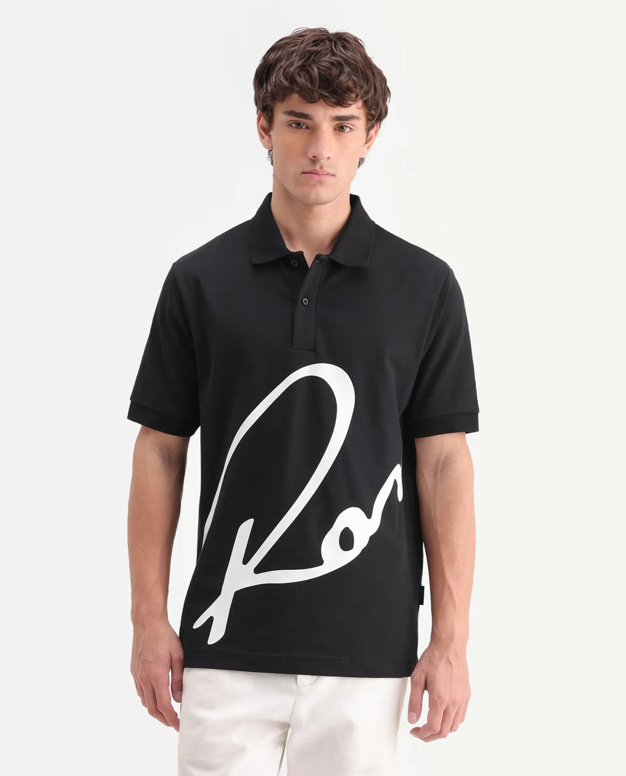 Rare Rabbit Men's Jefra Black Cotton Blend Regular Fit Half Sleeves Graphic Print Polo