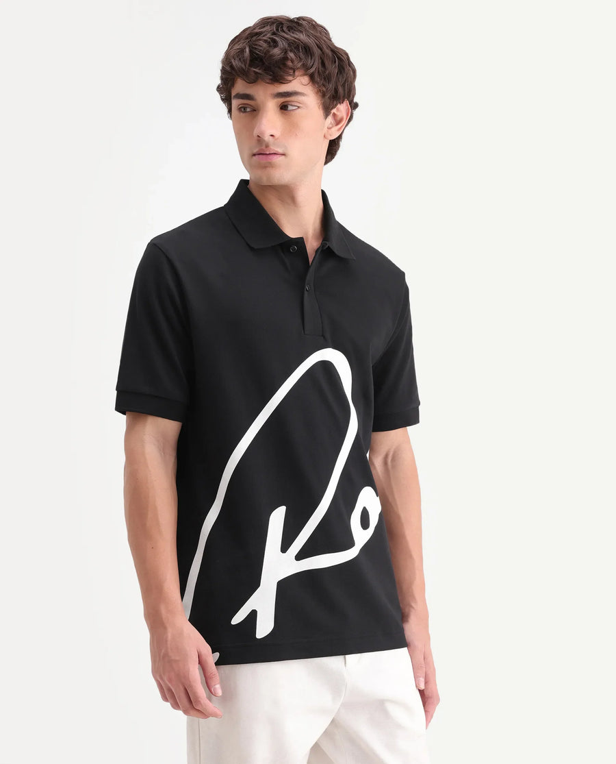 Rare Rabbit Men's Jefra Black Cotton Blend Regular Fit Half Sleeves Graphic Print Polo