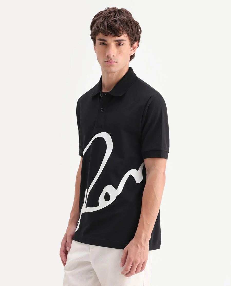 Rare Rabbit Men's Jefra Black Cotton Blend Regular Fit Half Sleeves Graphic Print Polo